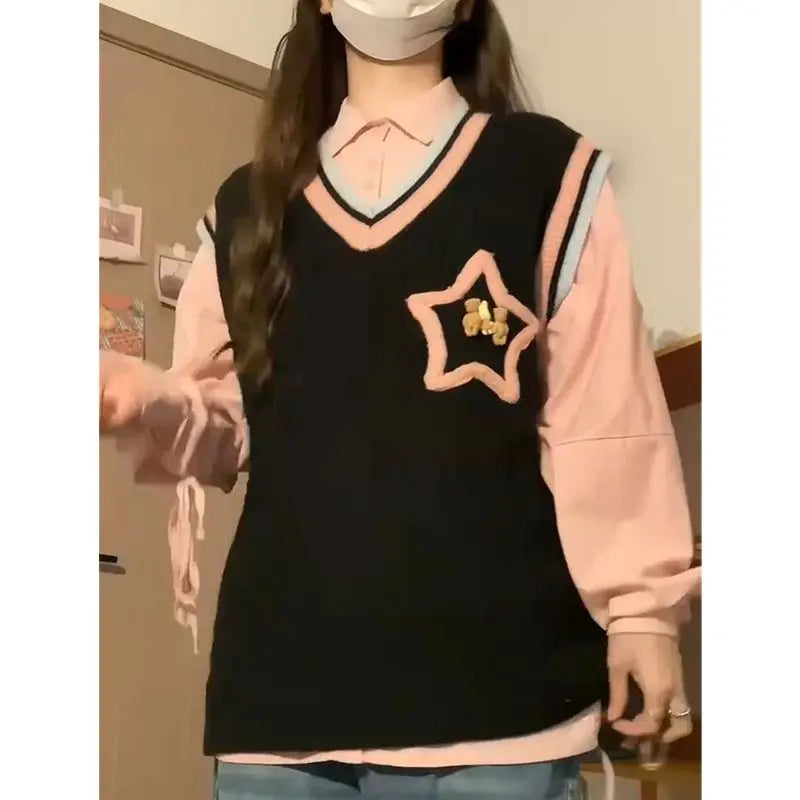 Woman wearing Women's Spring Fall Preppy Bandage Knit Vest and Plaid Skirt Set with black vest featuring star design