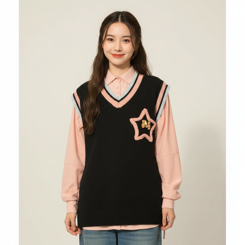 Woman wearing Women's Spring Fall Preppy Bandage Knit Vest and Plaid Skirt Set with black vest featuring star design