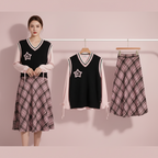 Preppy Star Knit Vest & Plaid Skirt Set Pink Three-Piece Outfit