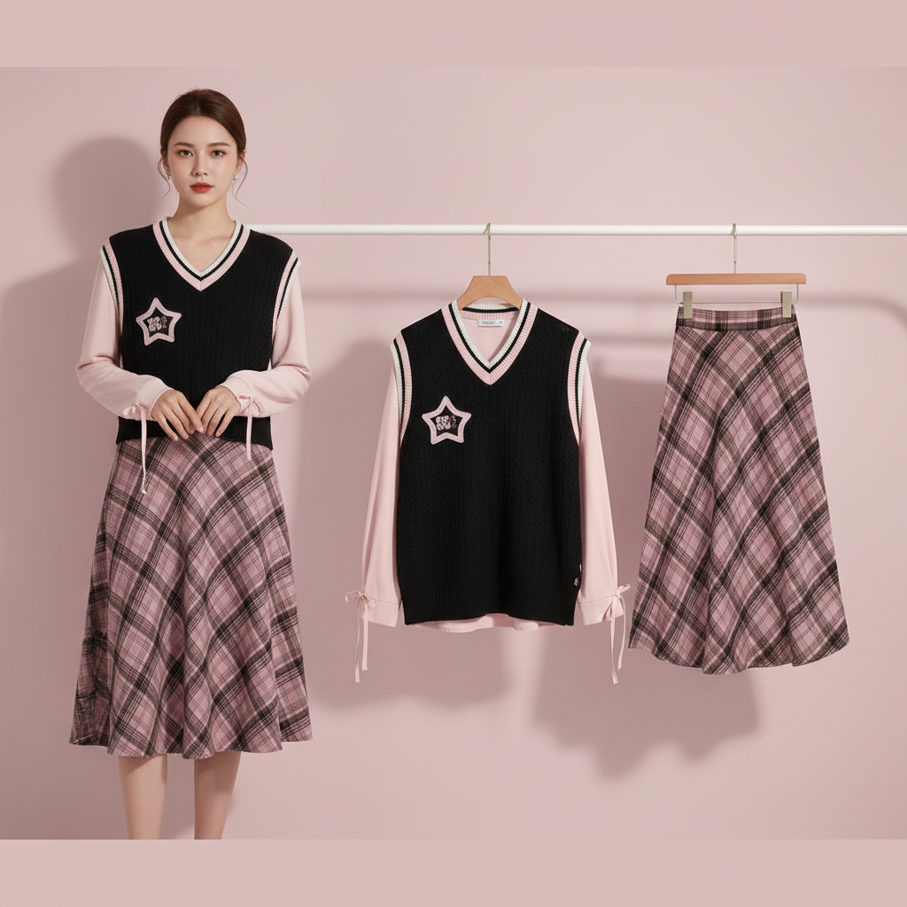 Preppy Star Knit Vest & Plaid Skirt Set Pink Three-Piece Outfit