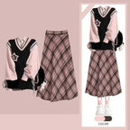 Women's Spring Fall Preppy Bandage Knit Vest and Plaid Skirt Set by Vusy Kawai Shop in pink and black