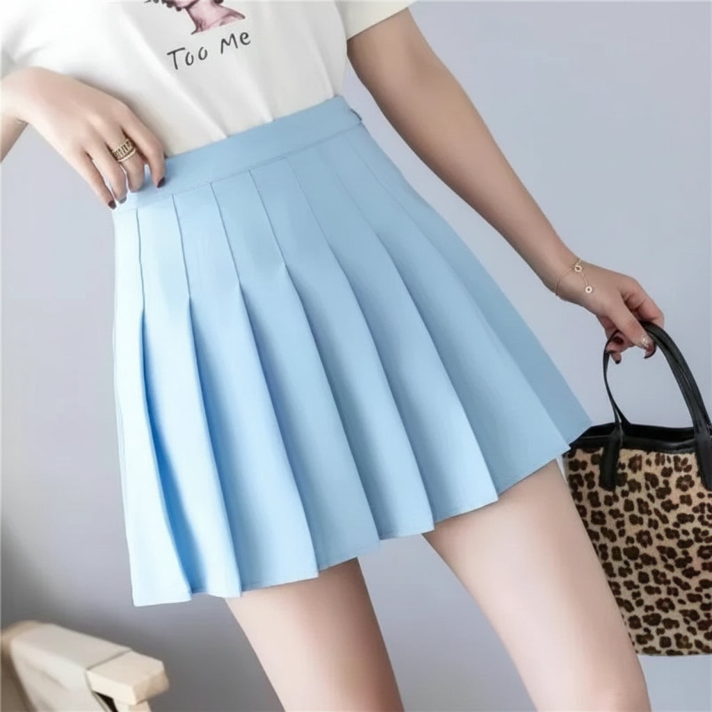 Women's spring summer pleated mini skirt outfit with light blue skirt and casual white top