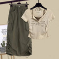 Summer Patchwork Two Piece Set Halter Top Cargo Midi Skirt