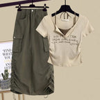 Women's summer patchwork two piece set with beige printed crop top and olive green ruched cargo skirt