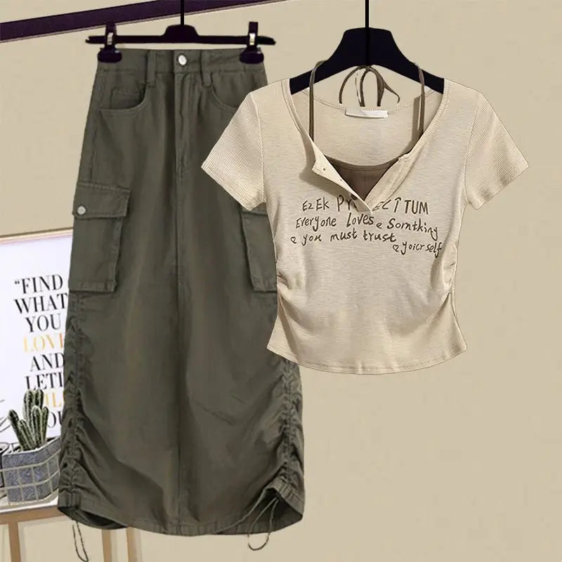 Women's summer patchwork two piece set with beige printed crop top and olive green ruched cargo skirt