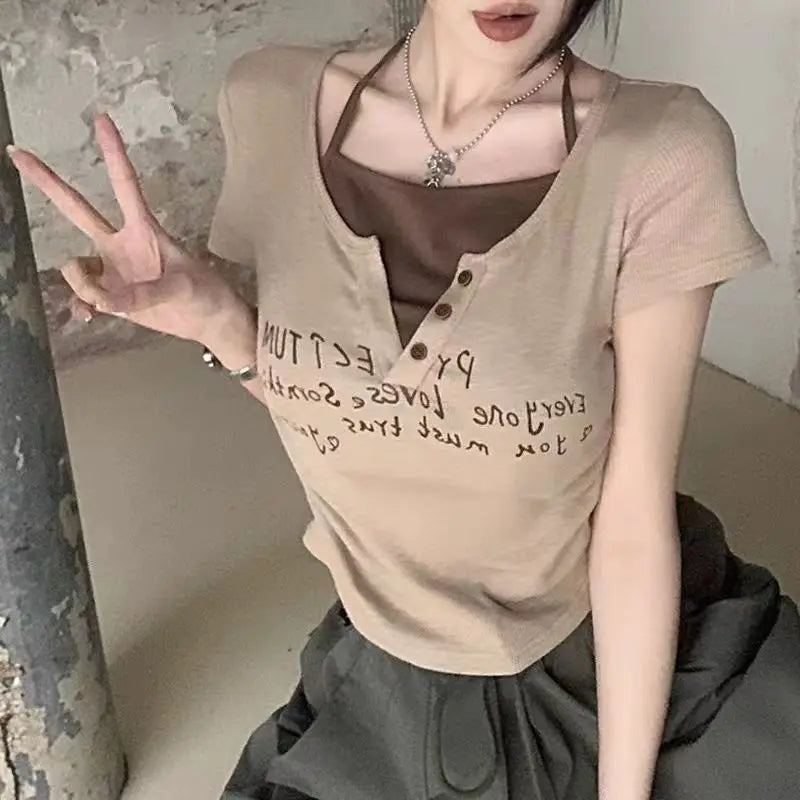 Women's summer patchwork two piece set featuring beige top with button detail and brown inner layer