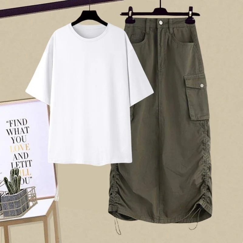 Women's summer patchwork two piece set including white oversized t-shirt and olive cargo skirt