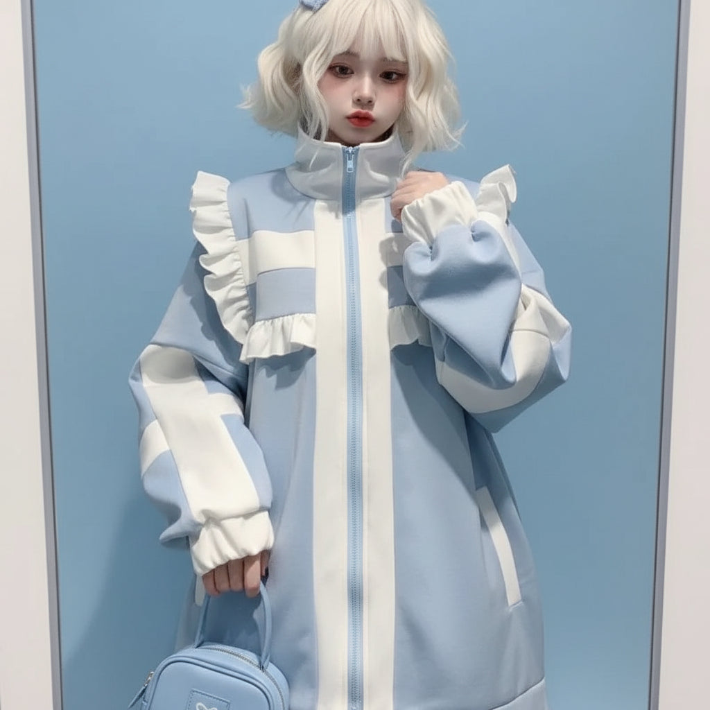 Vusy Kawai Shop casual layered coat for girls in pastel blue and white with ruffle details