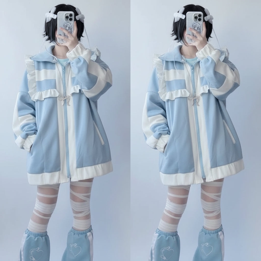 Blue and white casual layered coat for girls with ruffles and pockets, worn with matching leg warmers