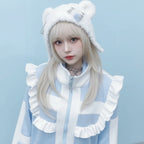 Light blue and white casual layered coat for girls with ruffle details and front zipper from Vusy Kawai Shop