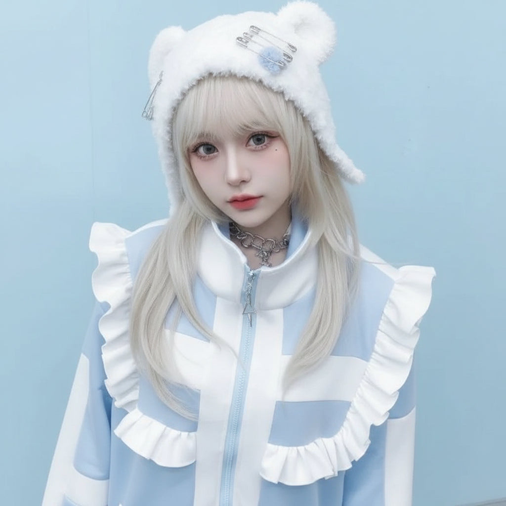 Light blue and white casual layered coat for girls with ruffle details and front zipper from Vusy Kawai Shop