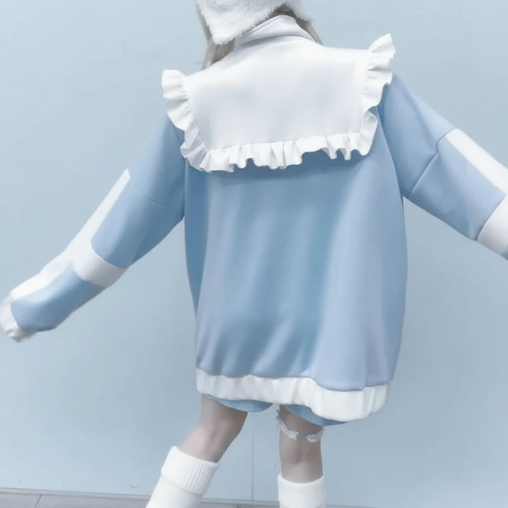 Blue and white casual layered coat for girls with ruffle details and long sleeves from Vusy Kawai Shop