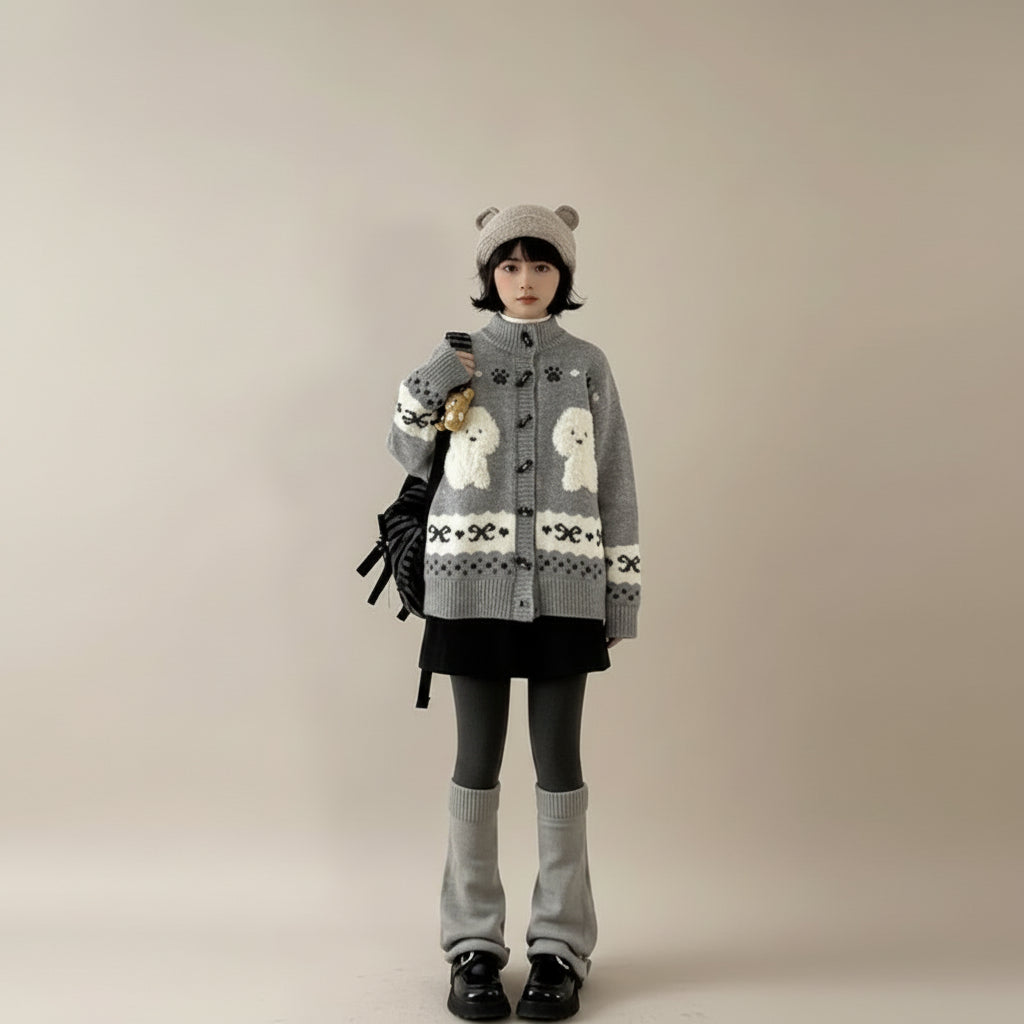 Woman wearing cute dog cartoon sweater for women in gray with white dog designs and cozy winter accessories