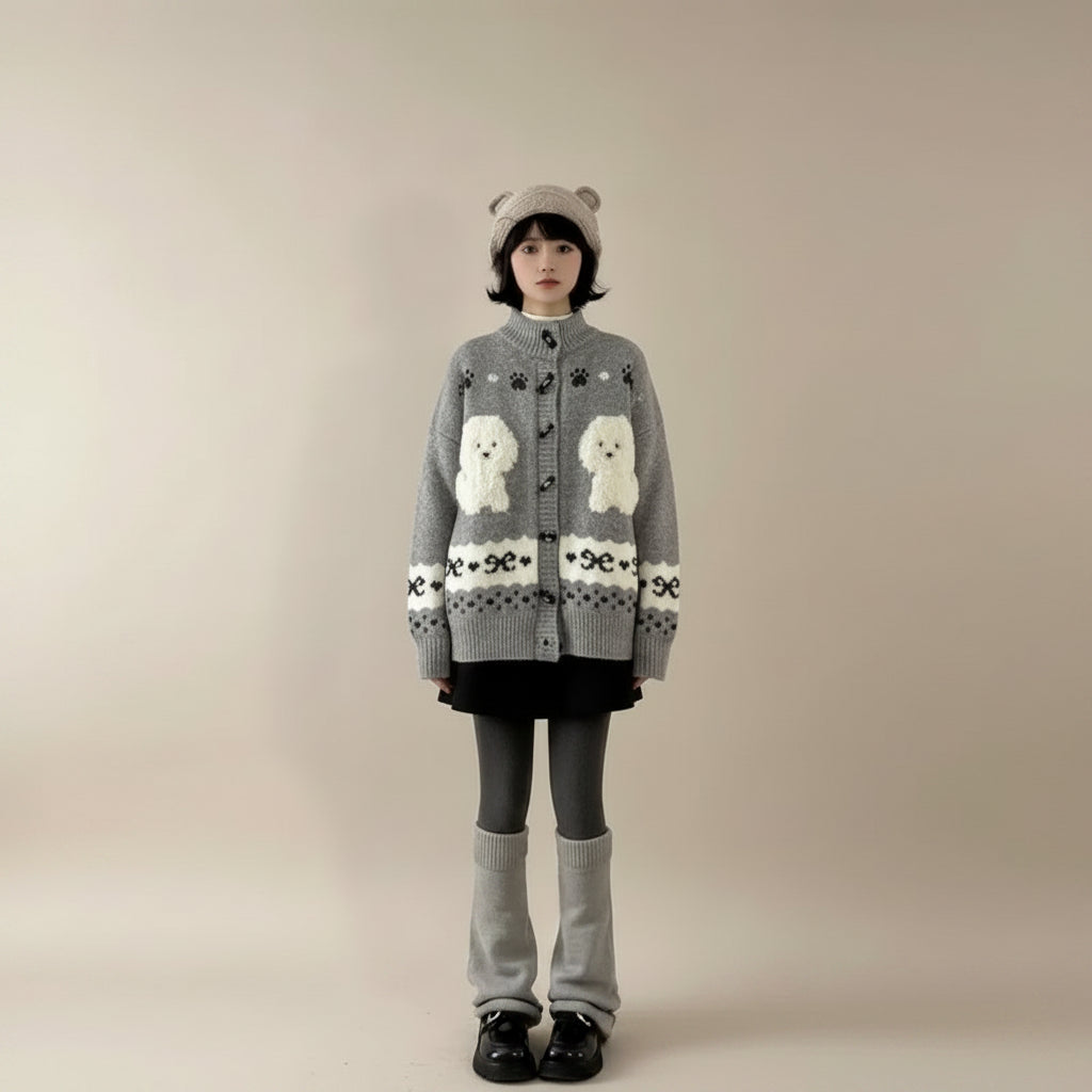 Woman wearing cute dog cartoon sweater for women in gray with white dog designs and black skirt