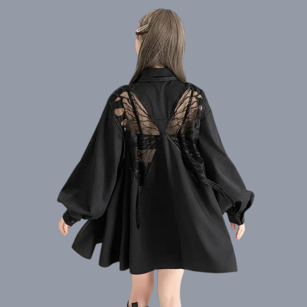 Back view of a gothic loose long sleeve top with butterfly lace design on back from Vusy Kawai Shop