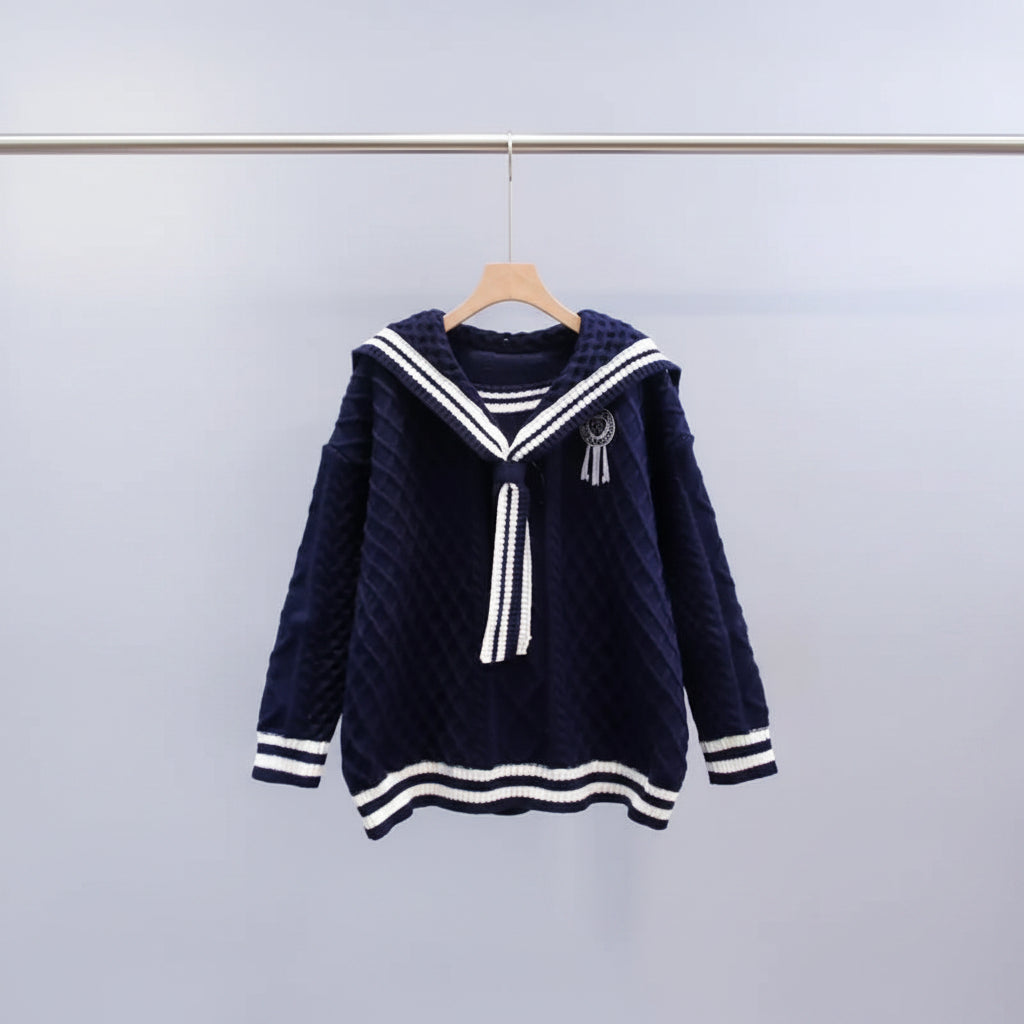 Korean preppy navy collar sweater with white stripes and quilted texture from Vusy Kawai Shop