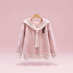 Pink korean preppy navy collar sweater with textured knit pattern and white striped details