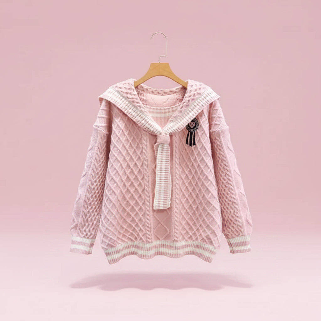 Pink korean preppy navy collar sweater with textured knit pattern and white striped details