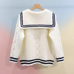 White Korean preppy navy collar sweater with textured knit and navy striped trim on cuffs and hem