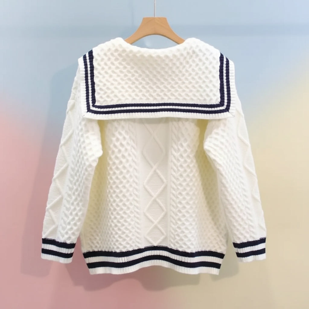 White Korean preppy navy collar sweater with textured knit and navy striped trim on cuffs and hem