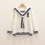 Korean preppy navy collar sweater in white with navy blue stripes and quilted texture