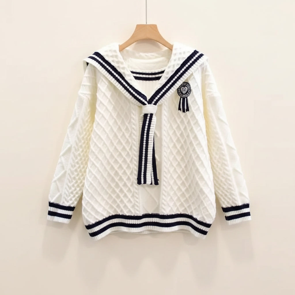 Korean preppy navy collar sweater in white with navy blue stripes and quilted texture
