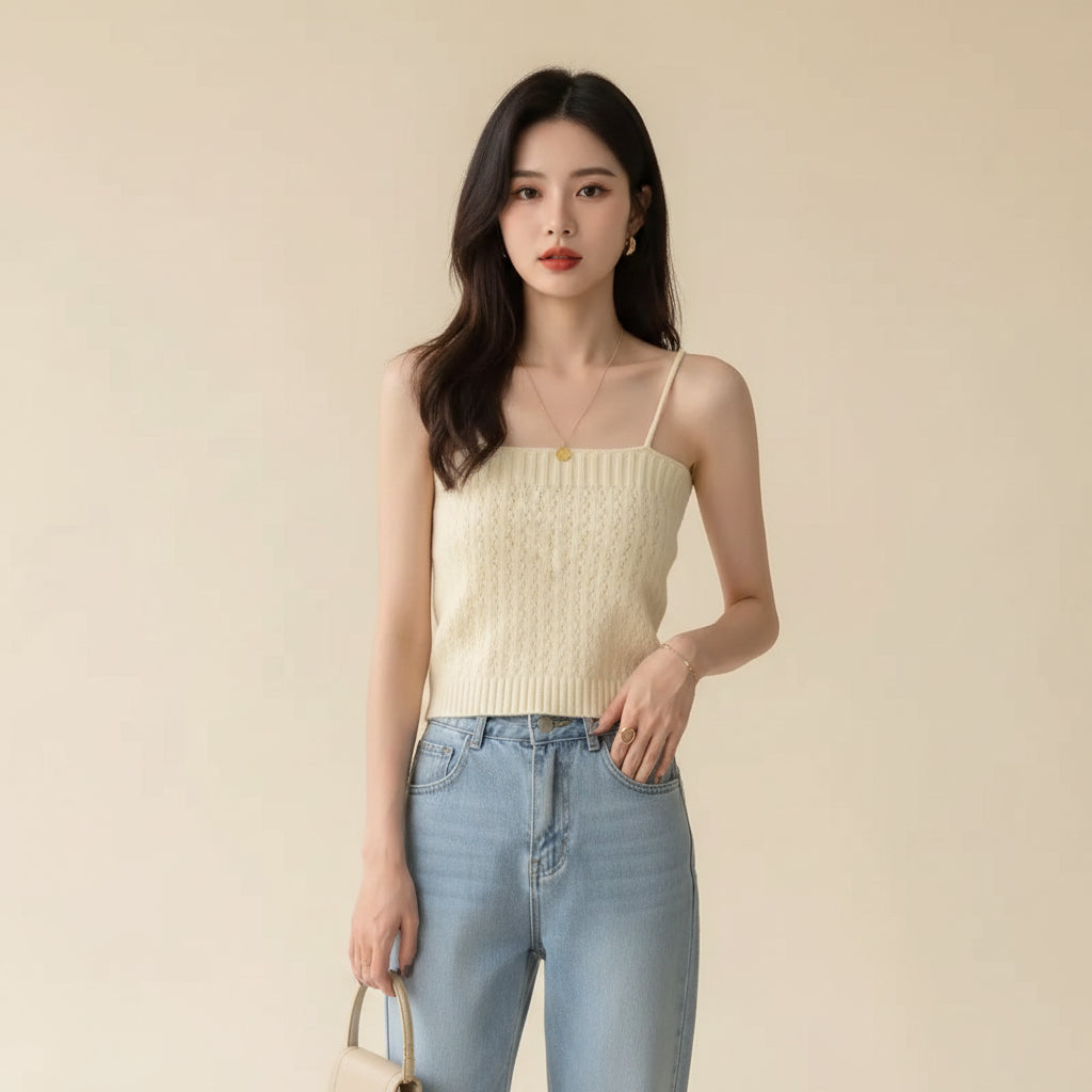 Woman wearing a beige knit camisole sweater from new trendy korean sweaters collection by Vusy Kawai Shop