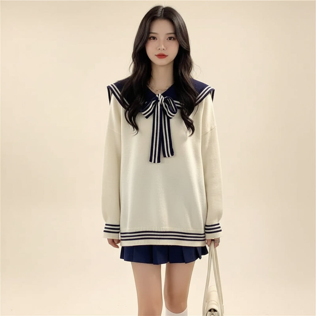 New trendy korean sweaters cream color with navy sailor collar and striped bow detail