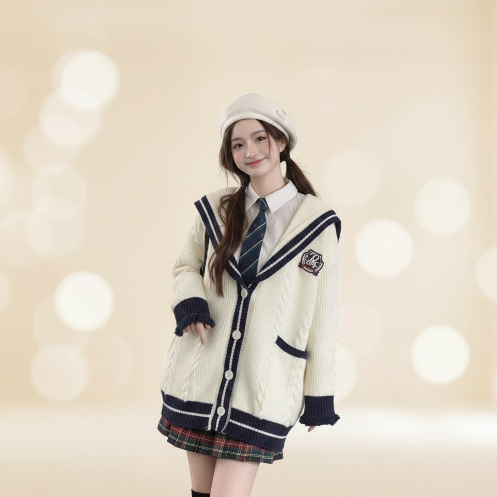 Young woman wearing oversized knit cute sweater coat for women in a cozy cafe setting