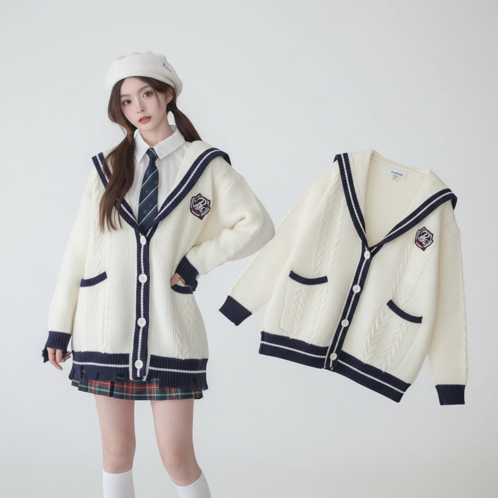 Oversized knit cute sweater coat for women in white with navy trim and button closure
