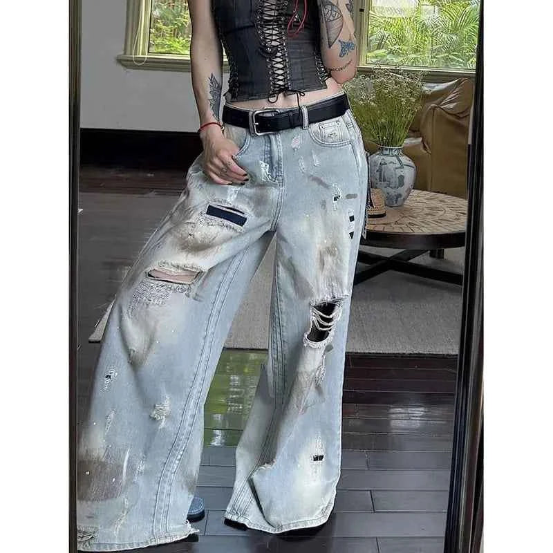 Women Vintage Blue Y2k Boyfriend Ripped Jeans Harajuku Baggy Denim Trouser Japanese 2000s Style Oversize Jean Long Pants Clothes