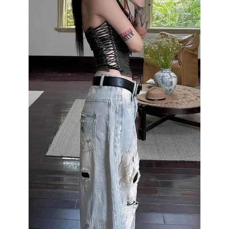 Women Vintage Blue Y2k Boyfriend Ripped Jeans Harajuku Baggy Denim Trouser Japanese 2000s Style Oversize Jean Long Pants Clothes