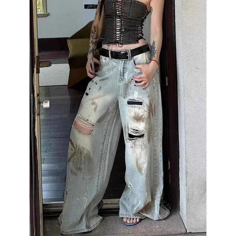 Women Vintage Blue Y2k Boyfriend Ripped Jeans Harajuku Baggy Denim Trouser Japanese 2000s Style Oversize Jean Long Pants Clothes