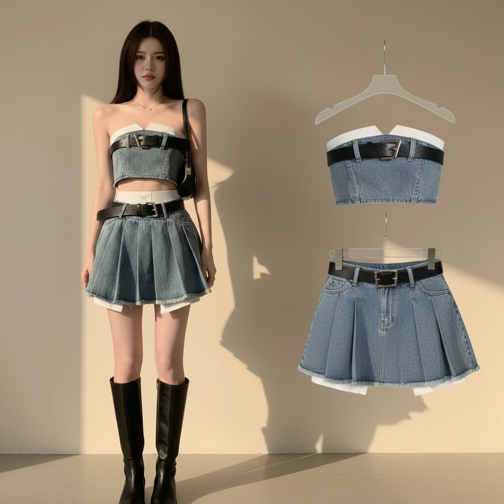 Y2K Denim Tube Top and Pleated Skirt Set flat lay