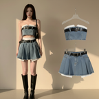 Y2K Denim Tube Top and Pleated Skirt Set flat lay