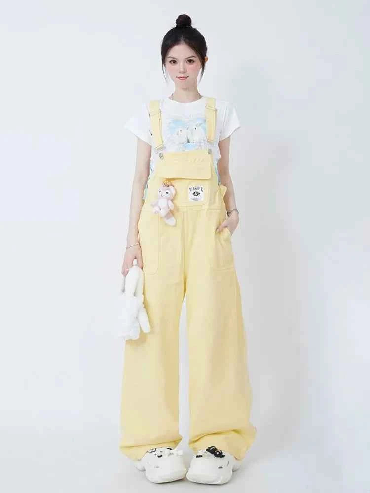Cute Yellow Overalls with Kawaii Bunny Charm